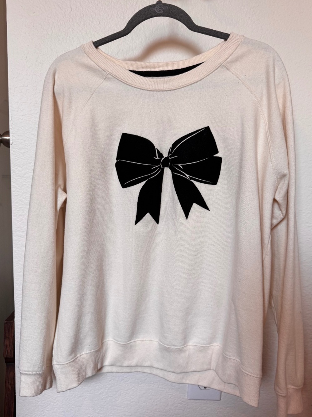 Wallflower Women's Size L Cream Sweater with Black Velvet Bow Print
